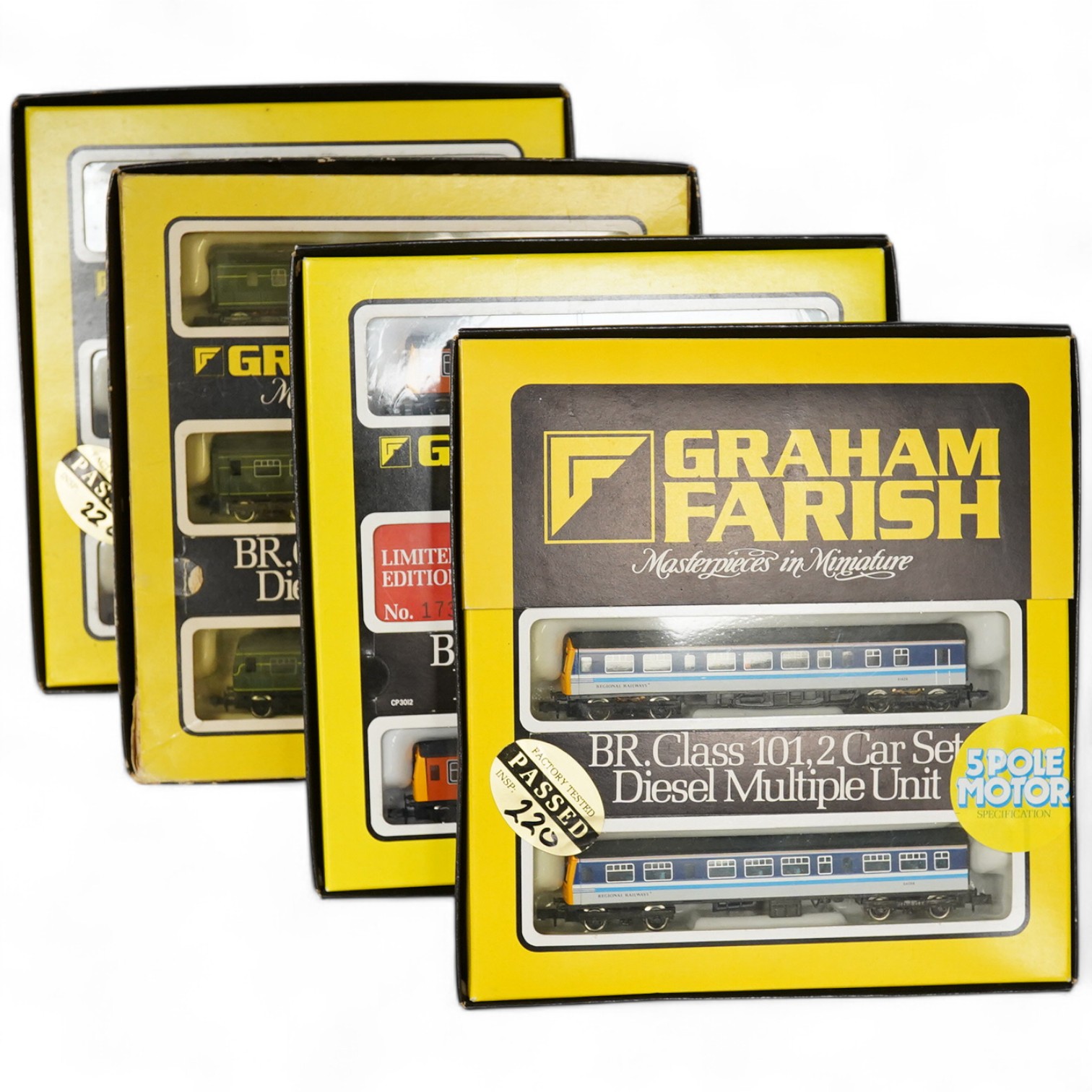 Four boxed Graham Farish N gauge railway Class 101 train packs; a BR Regional Railways 2-car DMU (8131), a Strathclyde 3-car DMU (814A), a BR 3-car DMU (8143) and a Network SouthEast 3-car DMU (8148). Condition - good.